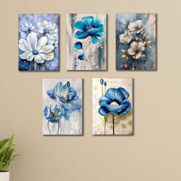 (Set of 5) Blue Flowers Wall Art – Beautiful Wooden Photos for Home Decoration