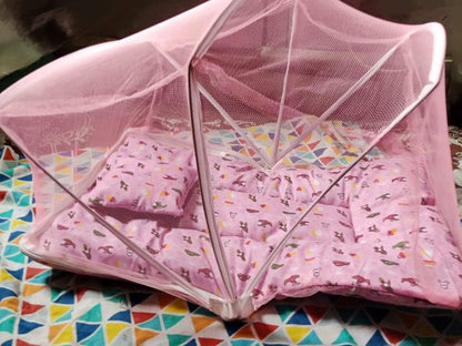 Fancy Baby Sleeping Bed with Mosquito Net & Pillow – Foldable, Safe & Comfortable for Newborns