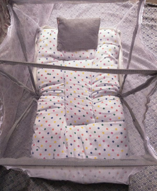 Fancy Baby Sleeping Bed with Mosquito Net & Pillow – Foldable, Safe & Comfortable for Newborns