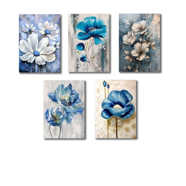(Set of 5) Blue Flowers Wall Art – Beautiful Wooden Photos for Home Decoration